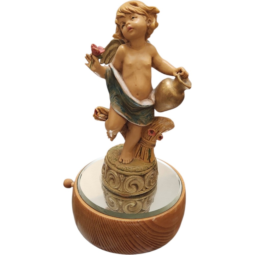 Vintage 1985 Schmid Cherub Angel Music Box Rotating Mirrored Wood Base Figurine